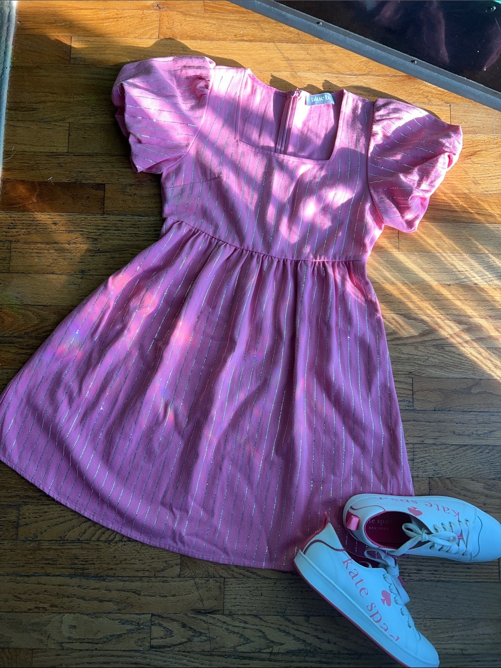 kate spade Pink Metallic-Striped Puff Sleeve Dress